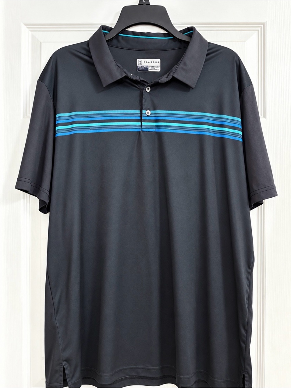 PGA Tour Black Golf Polo with Blue Chest Stripes
